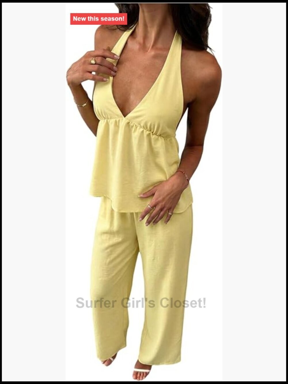Deep V Halter Peplum Top and Wide Leg Pants Set Resort Wear Summer Vacation